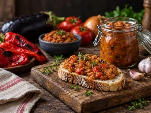 Zacuscă de casă servită pe felie de pâine, alături de un borcan cu zacuscă și legume coapte.