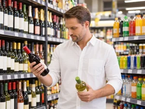 Bărbat care compară diferite băuturi la raft într-un magazin, analizând etichetele produselor înainte de alegere.
