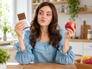 Femeie care compară o gustare dulce cu un măr, ilustrând modul în care alegerea snacks-urilor poate influența nivelul de energie.
