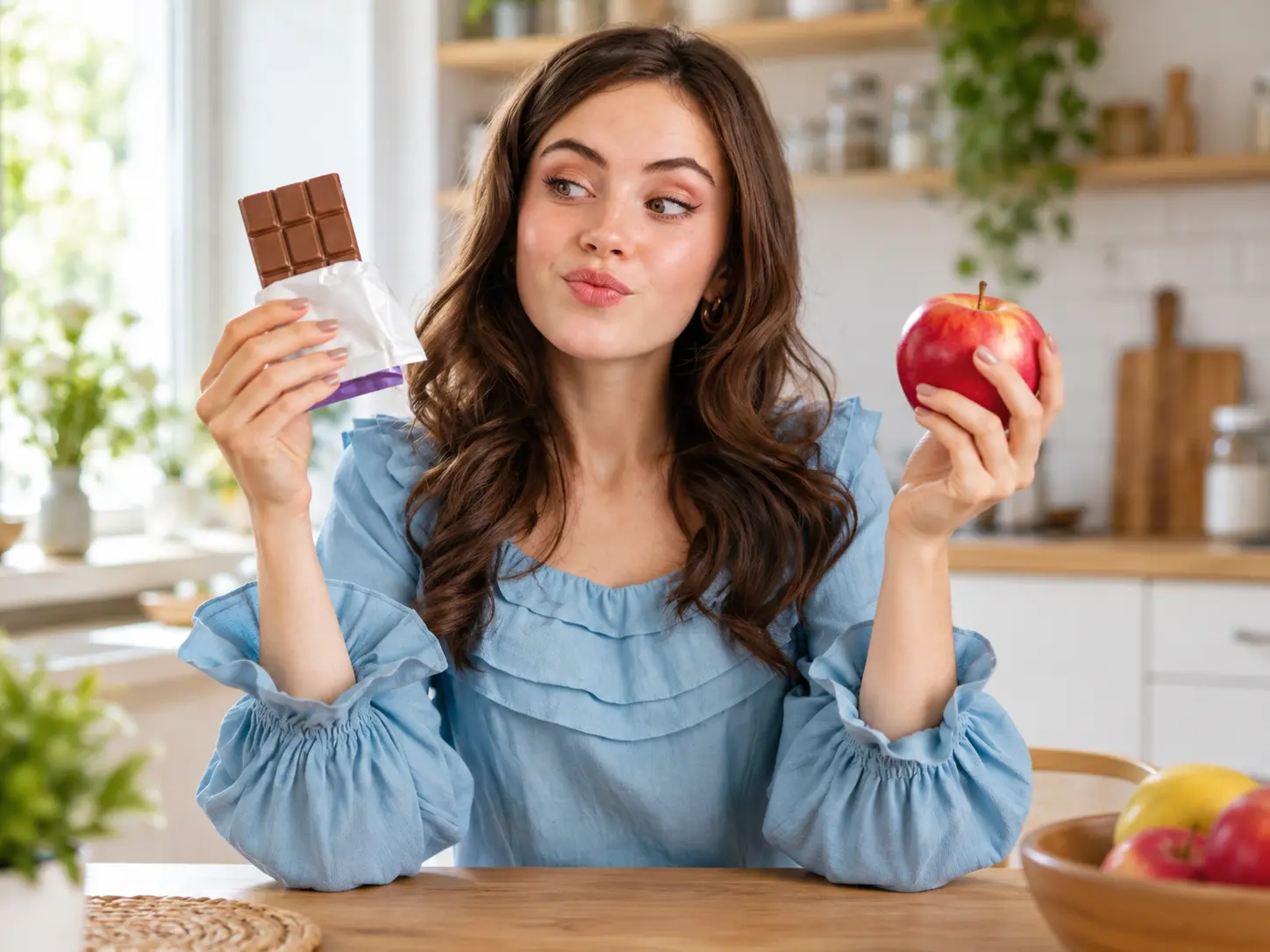Femeie care compară o gustare dulce cu un măr, ilustrând modul în care alegerea snacks-urilor poate influența nivelul de energie.