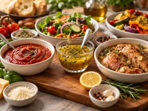 Sos, dressing și marinată prezentate alături de salată, legume și carne, pentru a ilustra diferențele dintre ele.