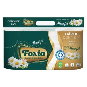 Pachet Hârtie Igienică Foxia Mușețel, 3 Straturi, 8 Role, 140 foi pe rolă.