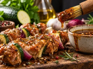 Bucăți de carne și legume marinate, așezate pe frigărui, alături de un bol cu marinată și o pensulă de uns.