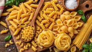 Diferite tipuri de paste: penne, fusilli, scoici, spaghete și tagliatelle, așezate pe un tocător din lemn.